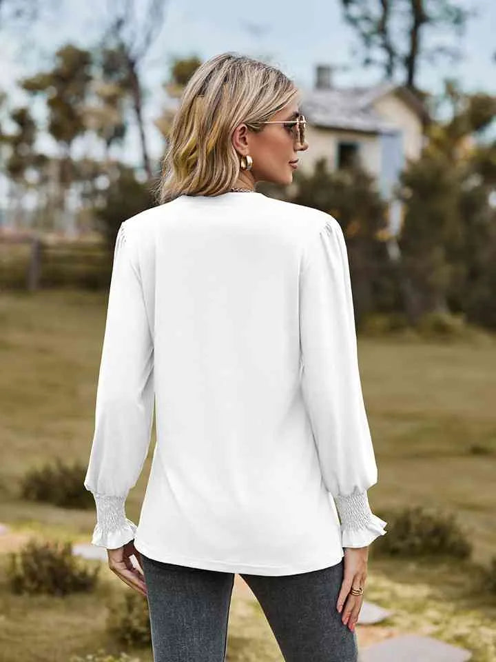 Notched Neck Flounce Sleeve Blouse Blouses - Tophatter Daily Deals