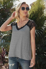 Printed Spliced Lace Scalloped V-Neck Blouse Blouses - Tophatter Daily Deals