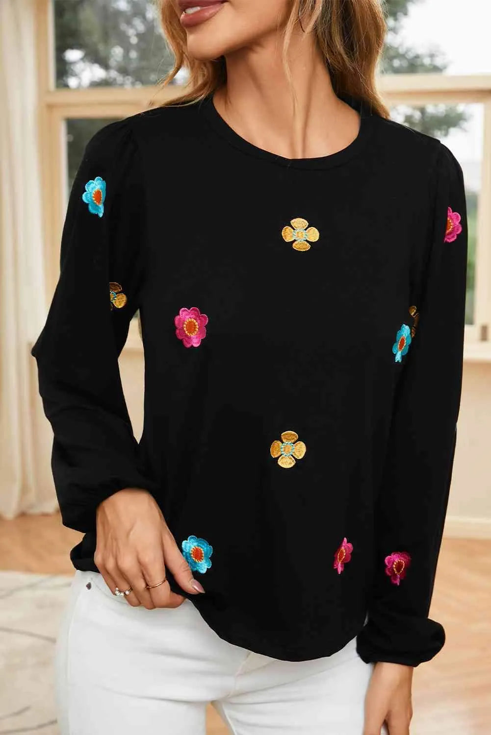 Flower Round Neck Balloon Sleeve Blouse Blouses - Tophatter Daily Deals