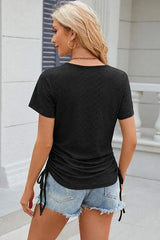 Eyelet Round Neck Short Sleeve T-Shirt Women's T-Shirts - Tophatter Daily Deals