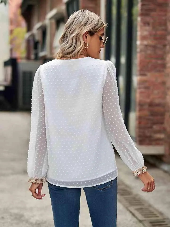 Swiss Dot V-Neck Long Sleeve Blouse Blouses - Tophatter Daily Deals