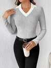 Ribbed Contrast Johnny Collar Long Sleeve Blouse Blouses - Tophatter Daily Deals