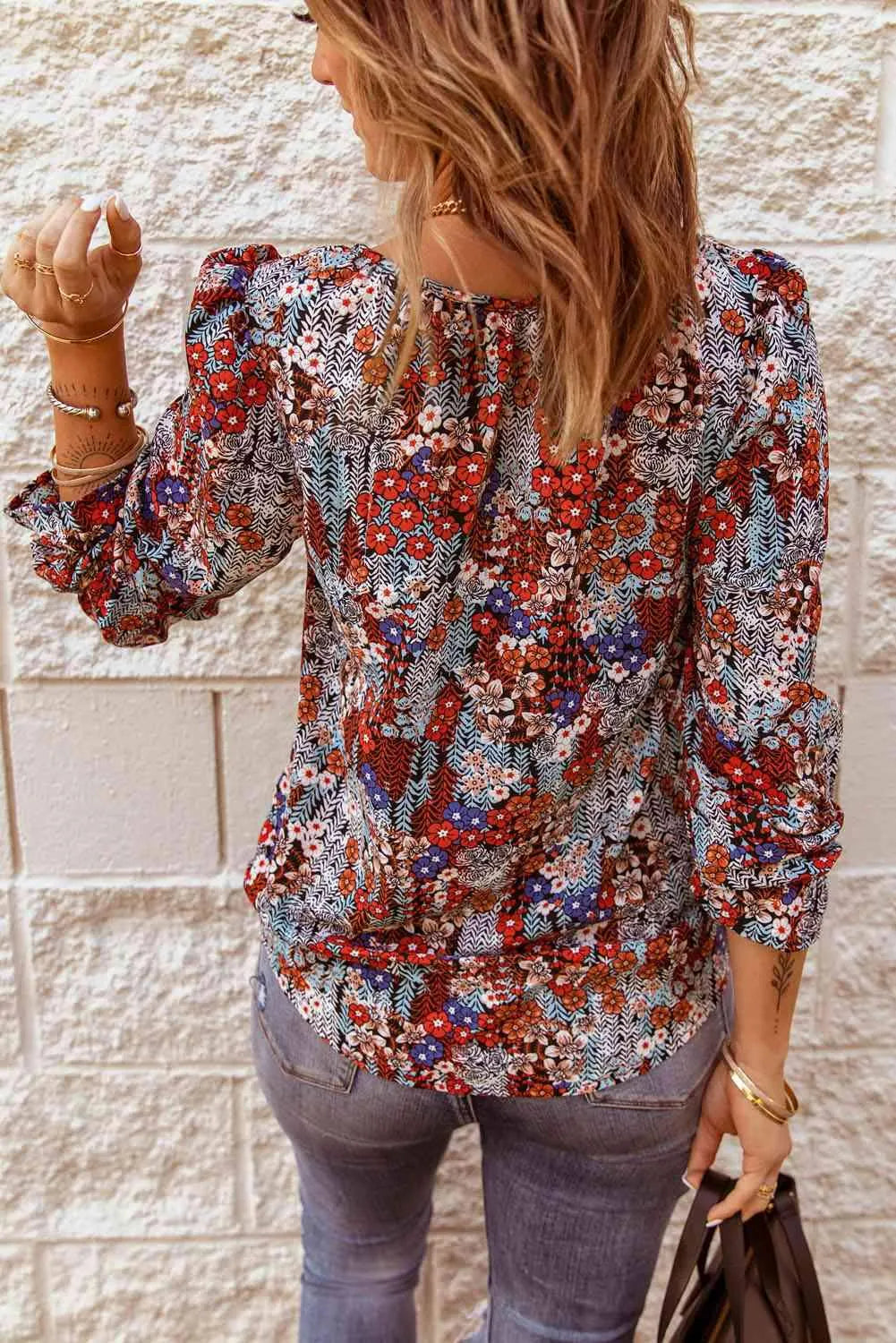 Printed Tie Neck Flounce Sleeve Top Blouses - Tophatter Daily Deals