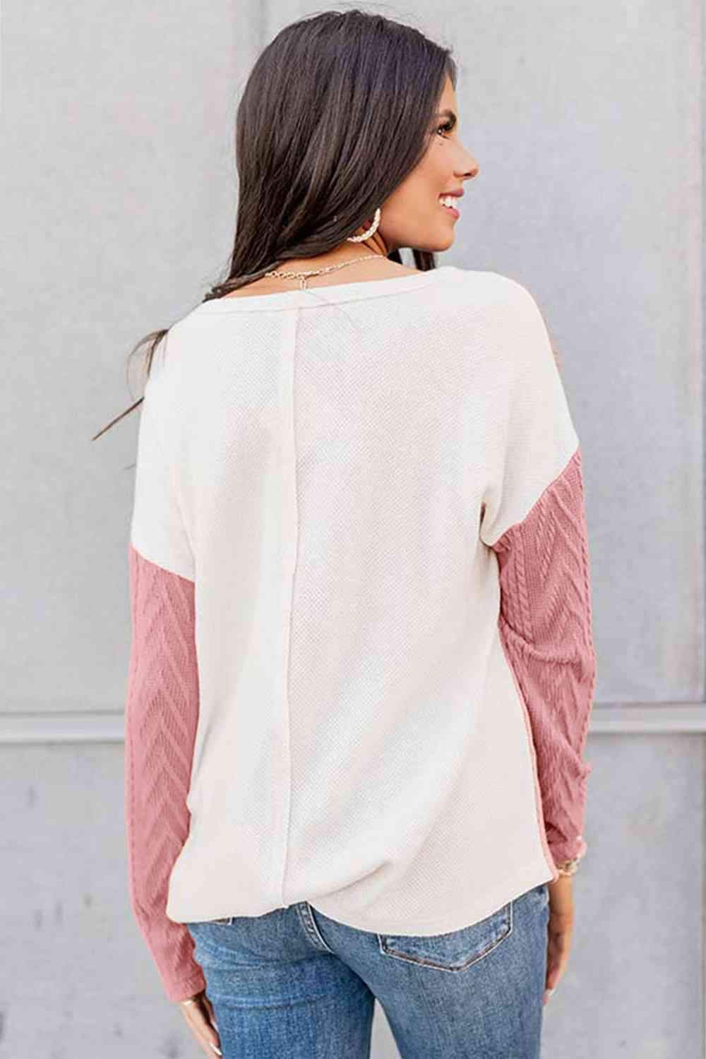 Full Size Color Block Cable-Knit Tops Blouses - Tophatter Daily Deals