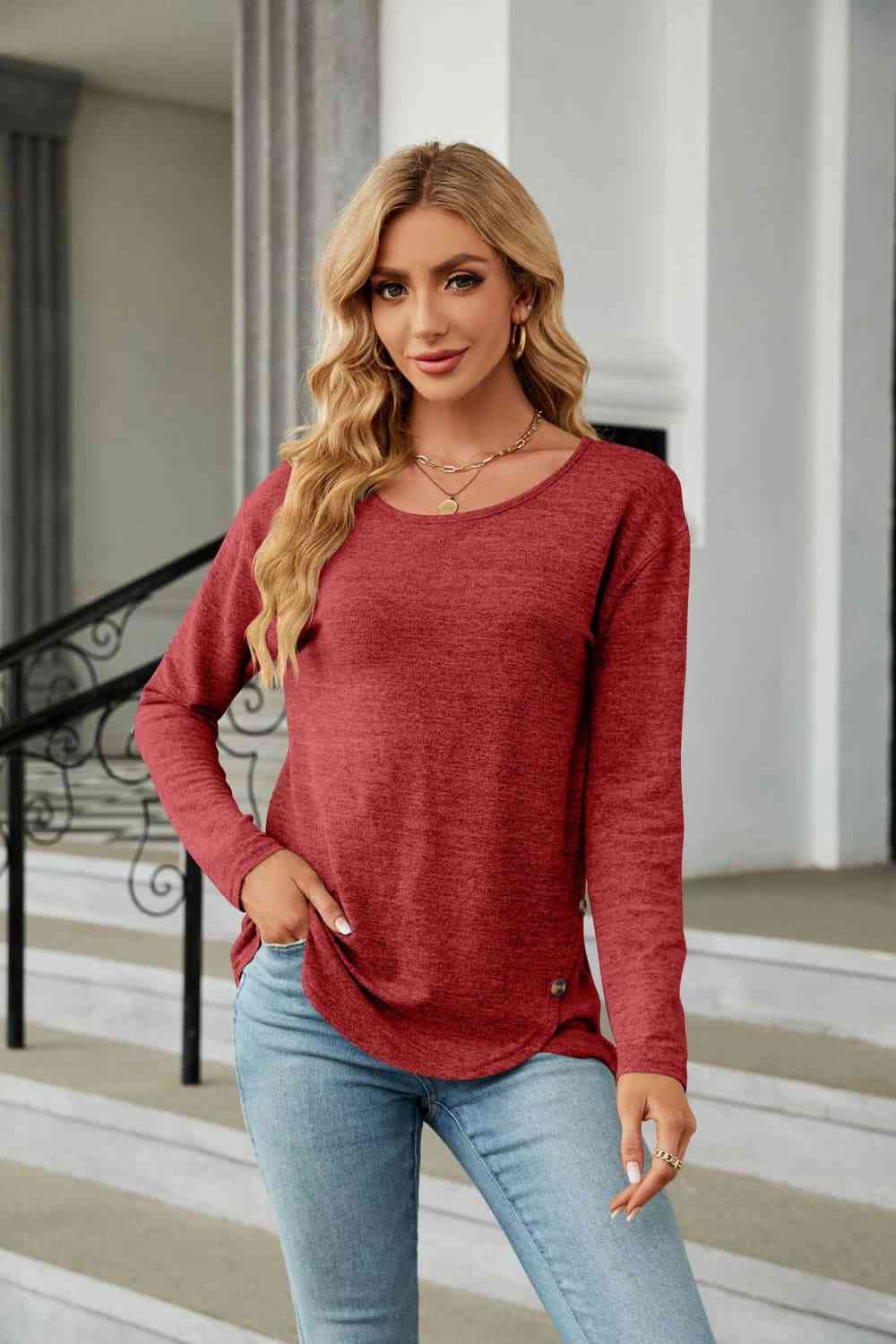 Round Neck Long Sleeve T-Shirt Deep Red Women's T-Shirts - Tophatter Daily Deals