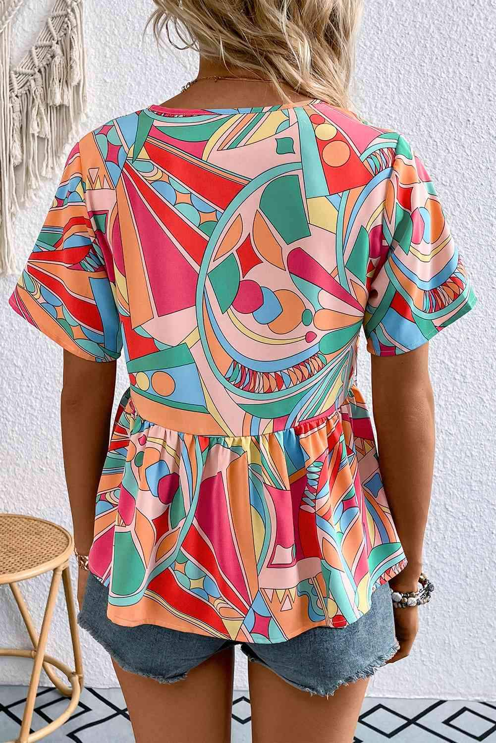 Printed Tie Neck Short Sleeve Blouse Blouses - Tophatter Daily Deals