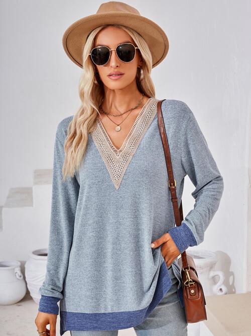 Crochet Contrast V-Neck Long Sleeve Slit T-Shirt Women's T-Shirts - Tophatter Daily Deals