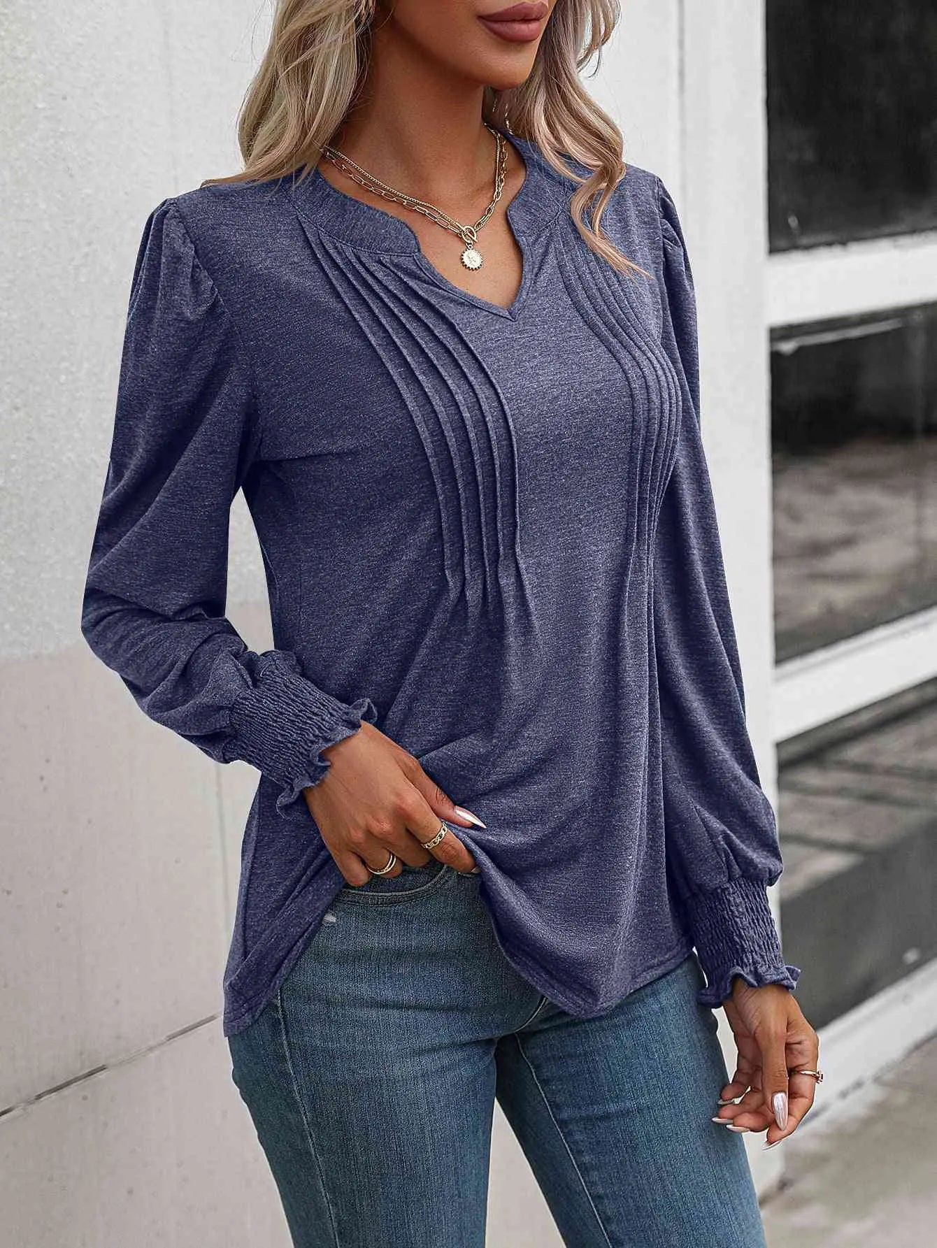 Ruched Notched Neck Puff Sleeve Smocked Wrist Blouse Blouses - Tophatter Daily Deals