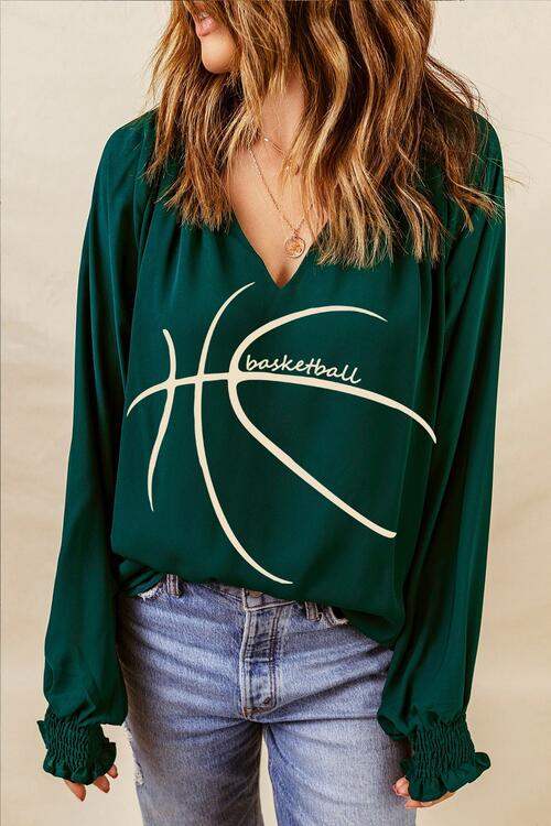 BASKETBALL Round Neck Smocked Long Sleeve Top Green Blouses - Tophatter Daily Deals