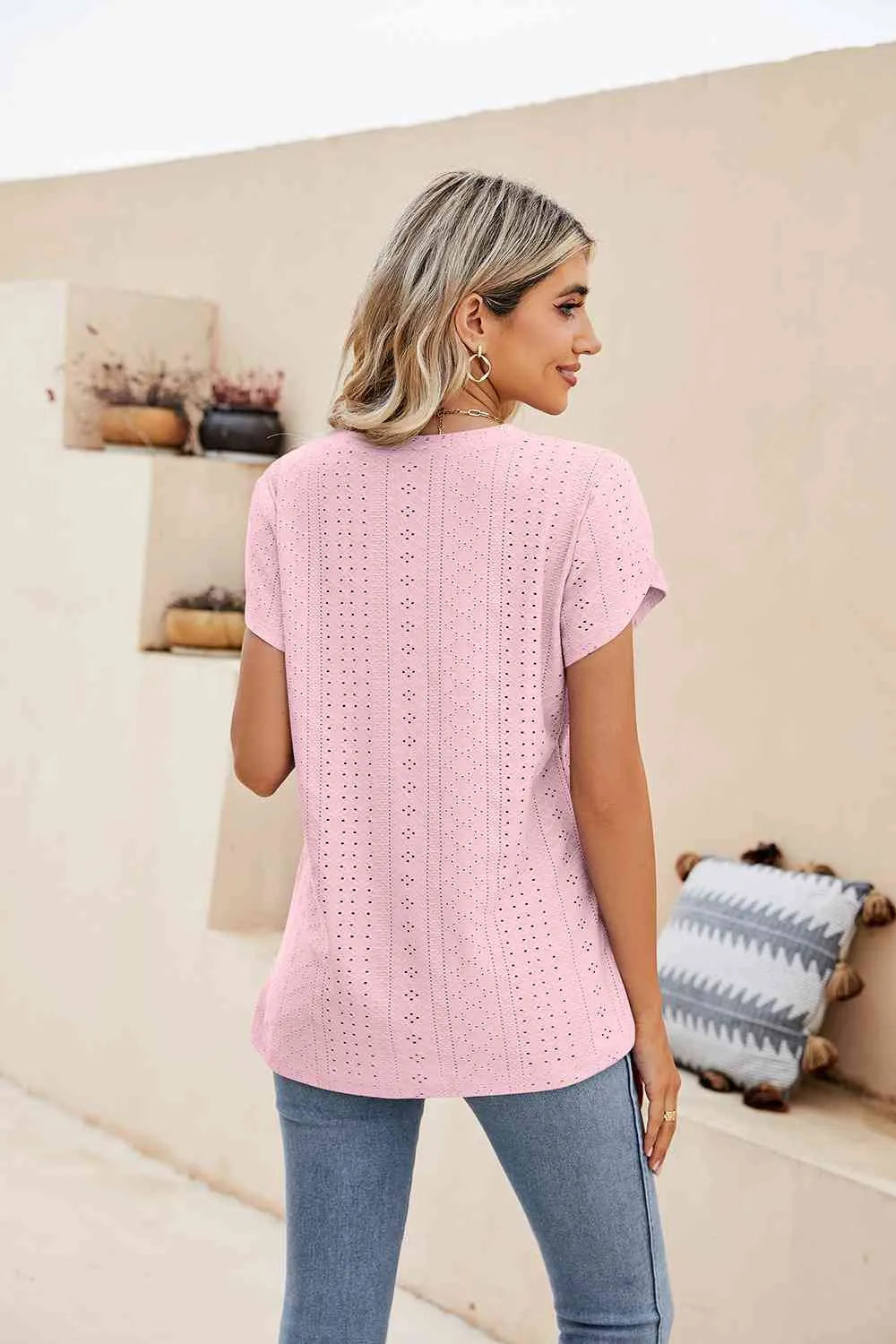 Eyelet Petal Sleeve V-Neck Knit Top Blouses - Tophatter Daily Deals