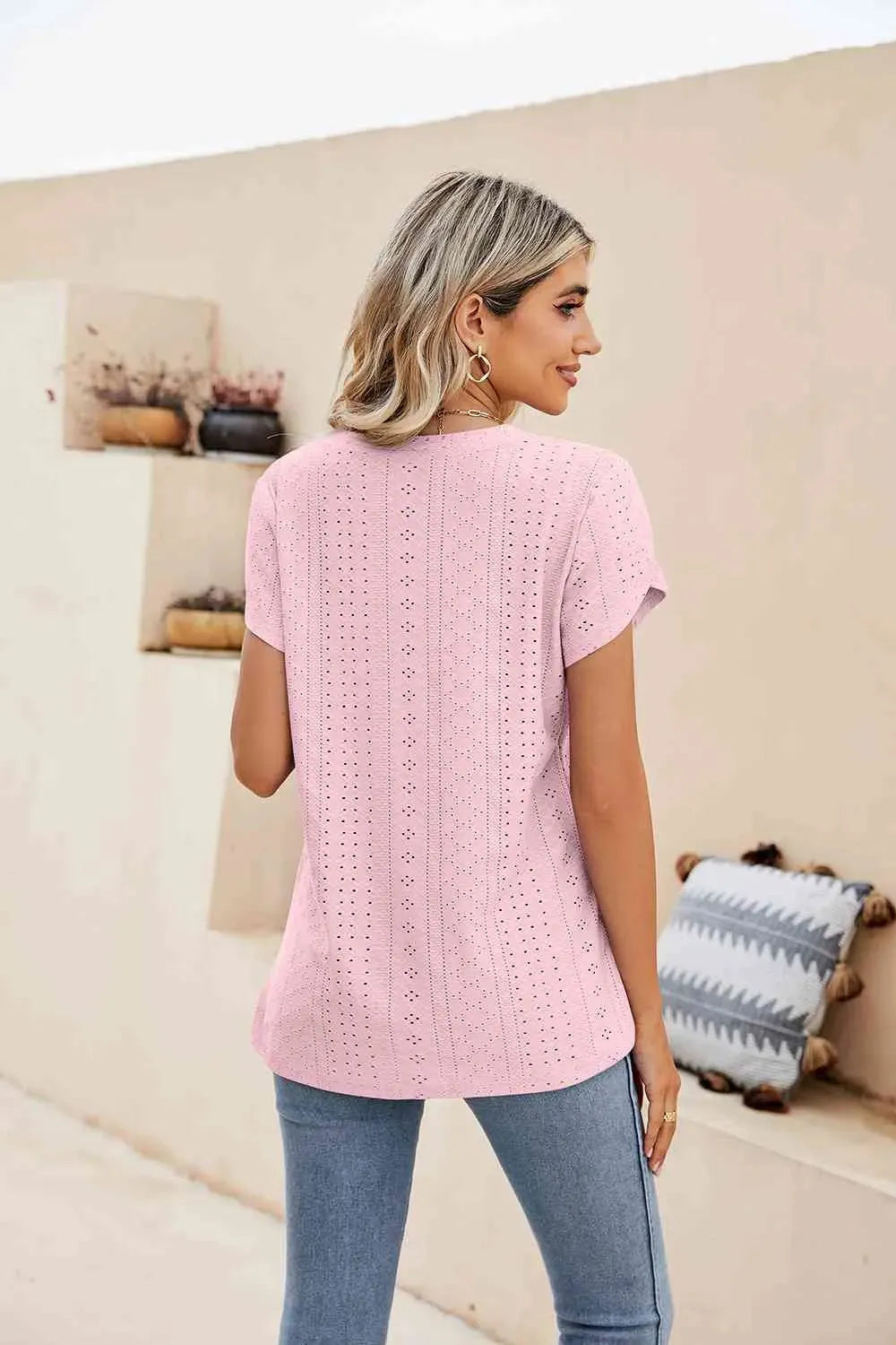 Eyelet Petal Sleeve V-Neck Knit Top Blouses - Tophatter Daily Deals