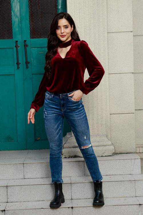 Cutout Puff Sleeve Velvet Blouse Blouses - Tophatter Daily Deals