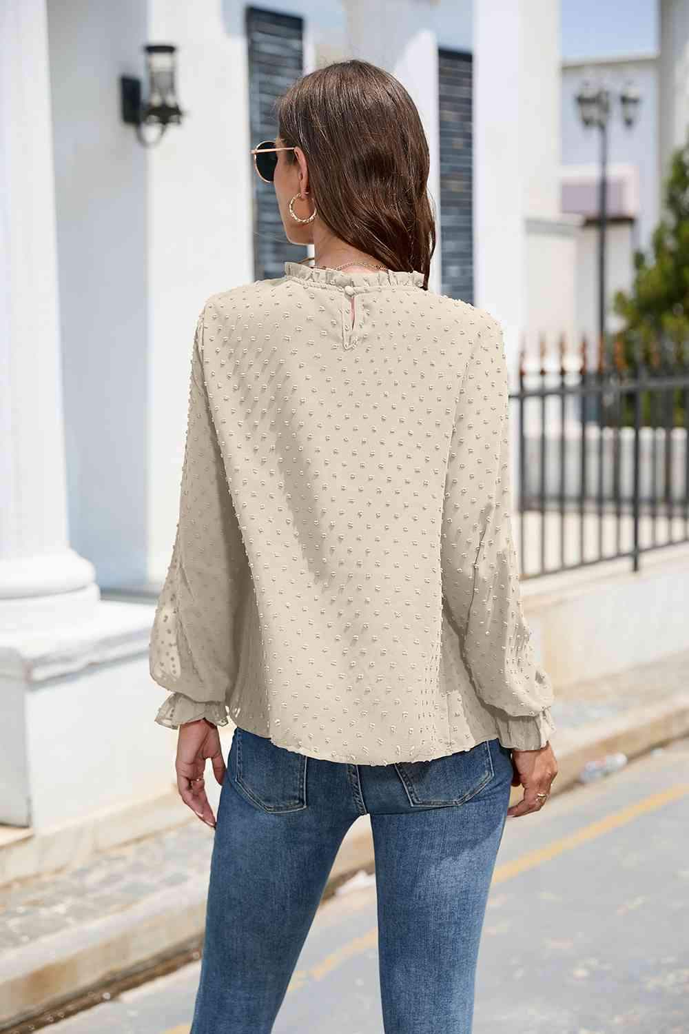 Smocked Mock Neck Swiss Dot Top Blouses - Tophatter Daily Deals