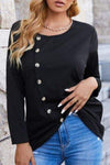 Decorative Button Round Neck Long Sleeve T-Shirt Black Women's T-Shirts - Tophatter Daily Deals