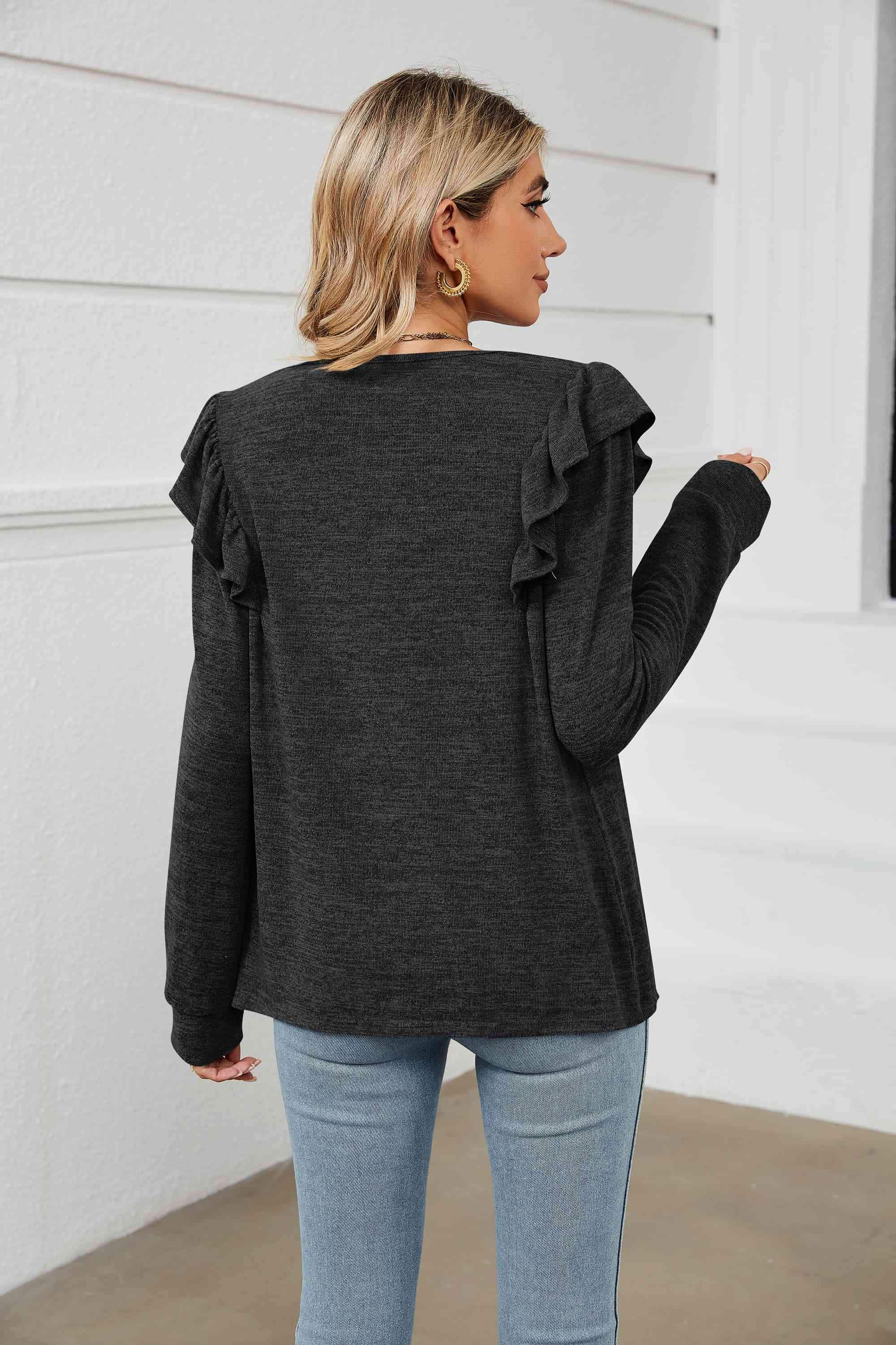 Square Neck Ruffle Shoulder Long Sleeve T-Shirt Women's T-Shirts - Tophatter Daily Deals