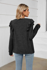 Square Neck Ruffle Shoulder Long Sleeve T-Shirt Women's T-Shirts - Tophatter Daily Deals