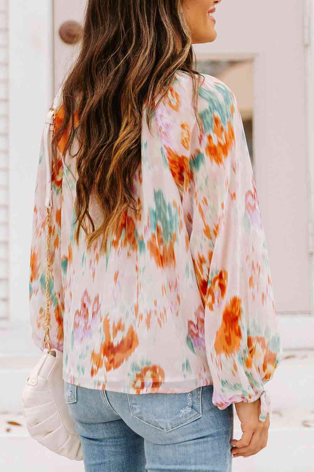 Printed Tie Neck Long Sleeve Blouse Blouses - Tophatter Daily Deals