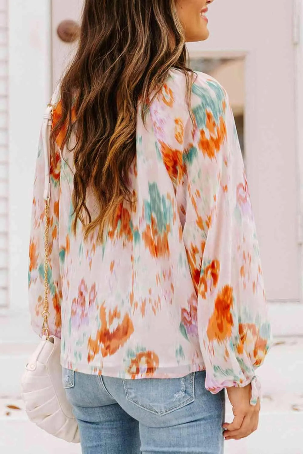 Printed Tie Neck Long Sleeve Blouse Blouses - Tophatter Daily Deals