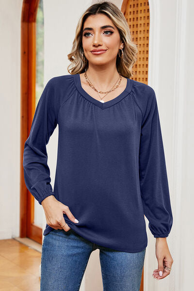 Ruched V-Neck Raglan Sleeve T-Shirt Navy Women's T-Shirts - Tophatter Daily Deals