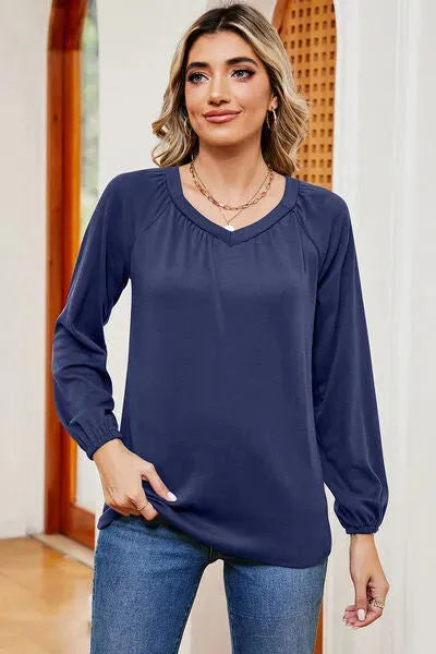 Ruched V-Neck Raglan Sleeve T-Shirt Navy Women's T-Shirts - Tophatter Daily Deals