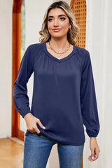 Ruched V-Neck Raglan Sleeve T-Shirt Navy Women's T-Shirts - Tophatter Daily Deals