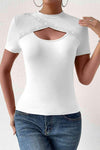 Cutout Short Sleeve Round Neck T-Shirt White Women's T-Shirts - Tophatter Daily Deals