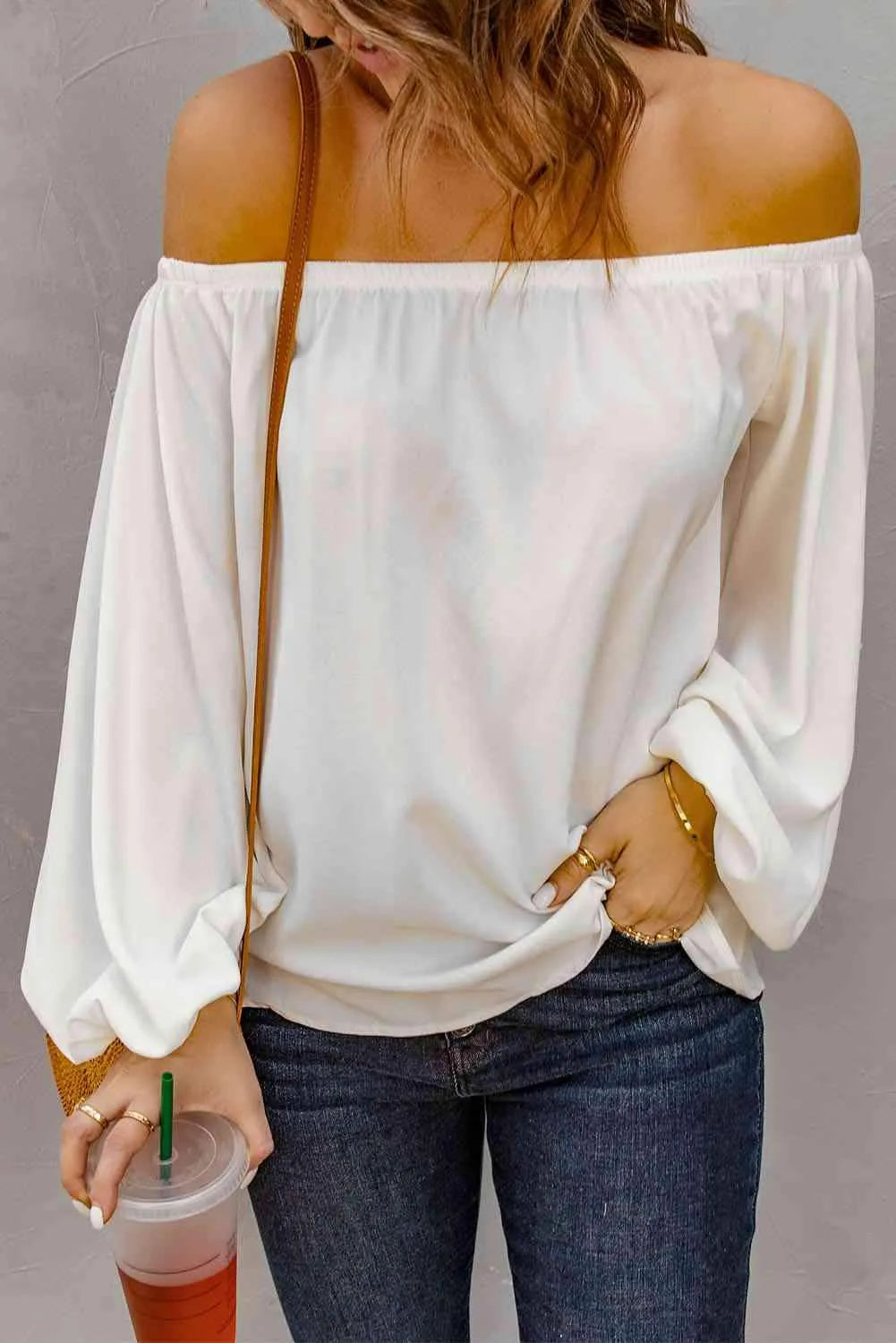 Off-Shoulder Balloon Sleeve Top White Blouses - Tophatter Daily Deals