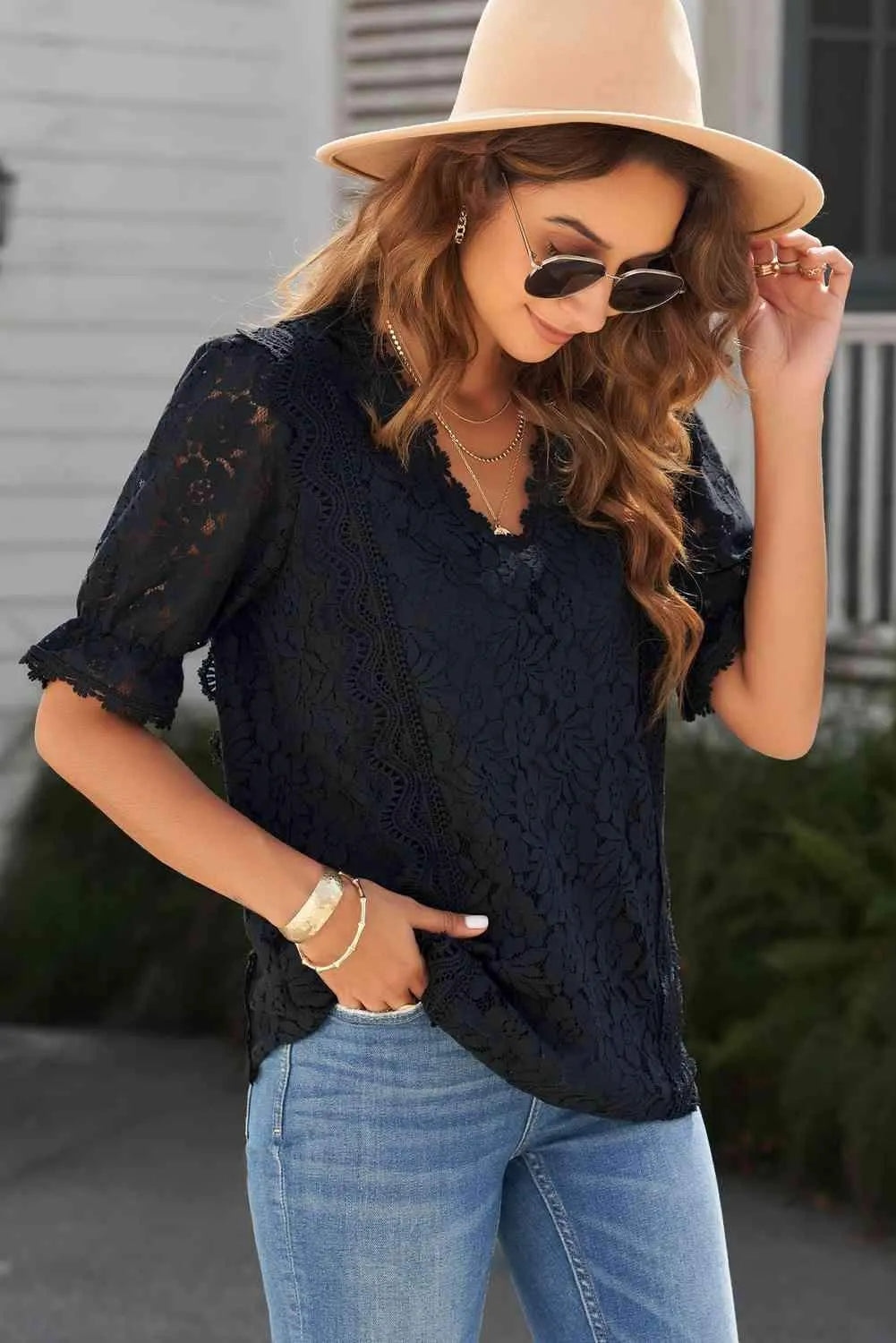 Lace V-Neck Flounce Sleeve Top Blouses - Tophatter Daily Deals
