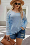 Plus Size Sheer Striped Sleeve V-Neck Top Pastel Blue Women's T-Shirts - Tophatter Daily Deals