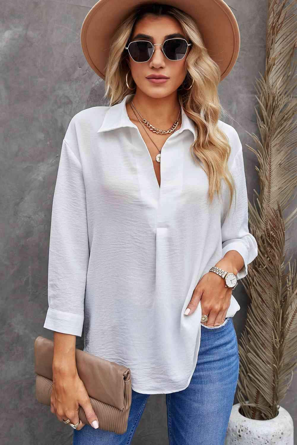 Textured Johnny Collar Three-Quarter Sleeve Blouse White Blouses - Tophatter Daily Deals