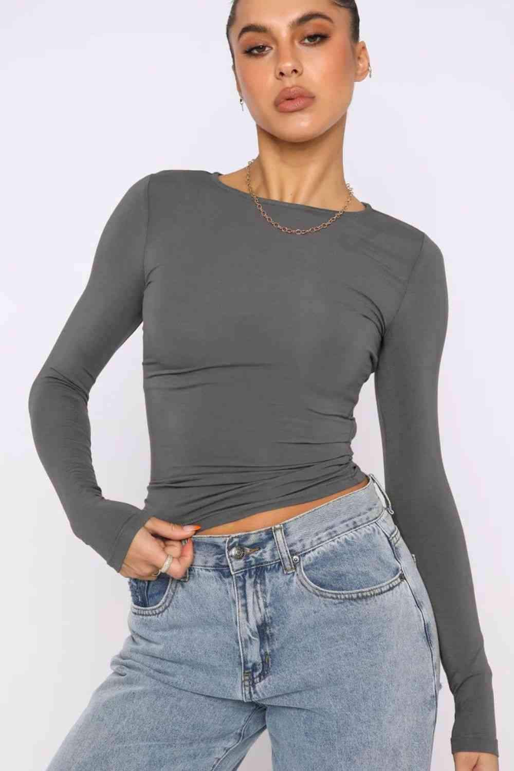 Round Neck Long-Sleeve Top Blouses - Tophatter Daily Deals