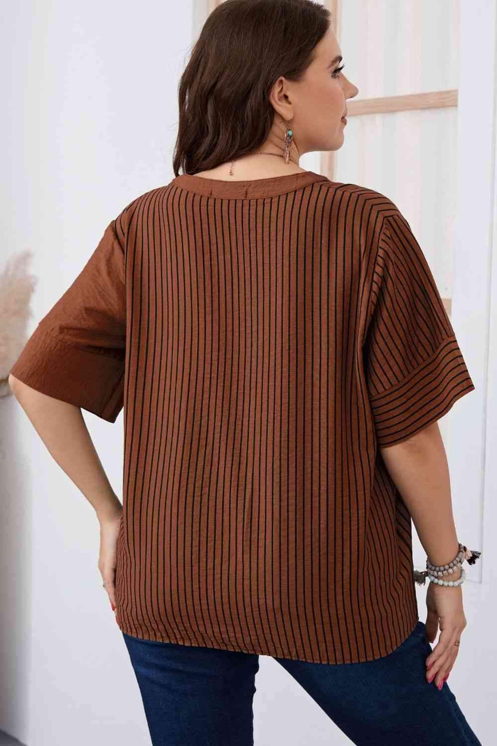 Plus Size Striped Notched Neck Half Sleeve Top Blouses - Tophatter Daily Deals