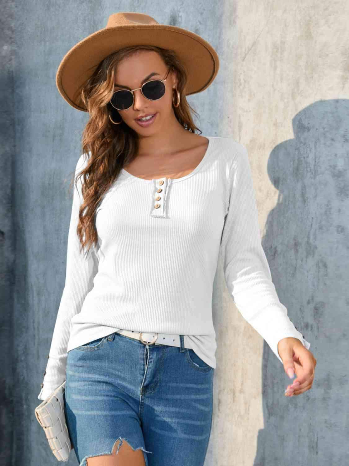 Buttoned Round Neck Long Sleeve T-Shirt Women's T-Shirts - Tophatter Daily Deals