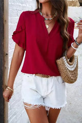 Notched Ruffled Petal Sleeve T-Shirt Women's T-Shirts - Tophatter Daily Deals