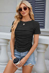 Eyelet Ruched Round Neck Short Sleeve T-Shirt Black Women's T-Shirts - Tophatter Daily Deals