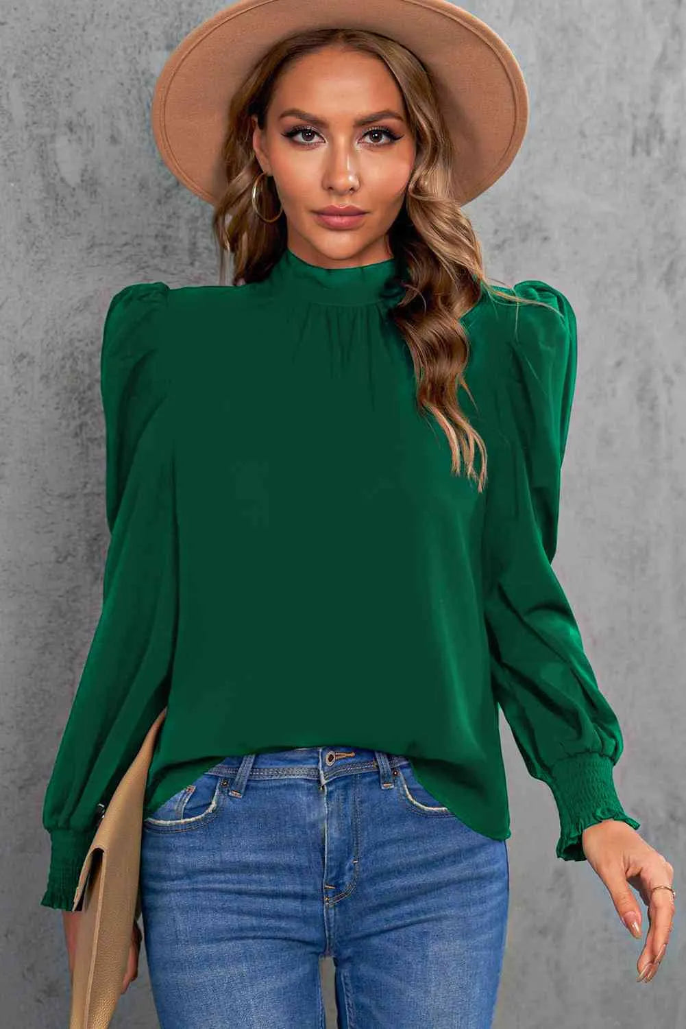 Mock Neck Puff Sleeve Blouse Green Blouses - Tophatter Daily Deals