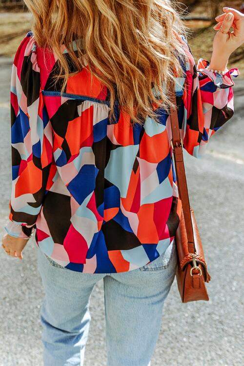 Abstract Pattern Crewneck Ruffled Puff Sleeve Blouse Blouses - Tophatter Daily Deals