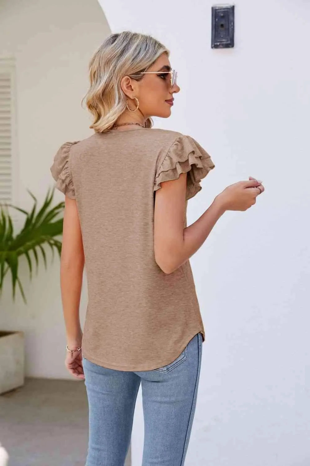 Smocked Flutter Sleeve V-Neck Top Blouses - Tophatter Daily Deals