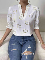 Heart Print Notched Neck Half Sleeve Blouse Blouses - Tophatter Daily Deals