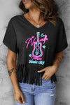 Graphic V-Neck Fringe Hem T-Shirt Black Women's T-Shirts - Tophatter Daily Deals