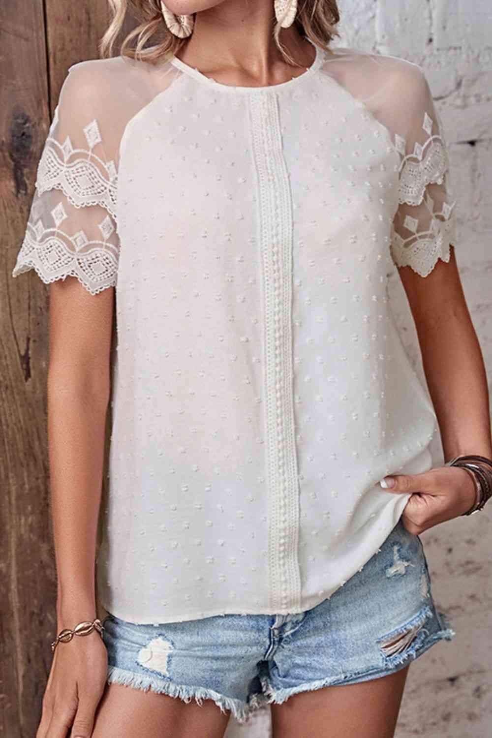 Swiss Dot Spliced Lace Round Neck Blouse Blouses - Tophatter Daily Deals