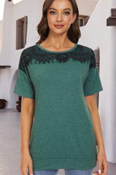 Lace Detail Round Neck Short Sleeve T-Shirt Green Women's T-Shirts - Tophatter Daily Deals