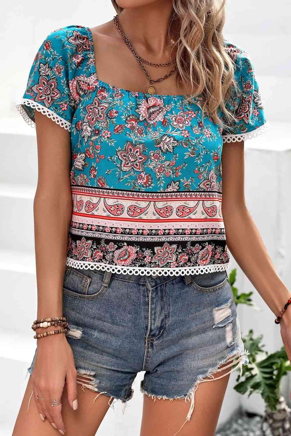 Bohemian Square Neck Short Sleeve Top Blouses - Tophatter Daily Deals