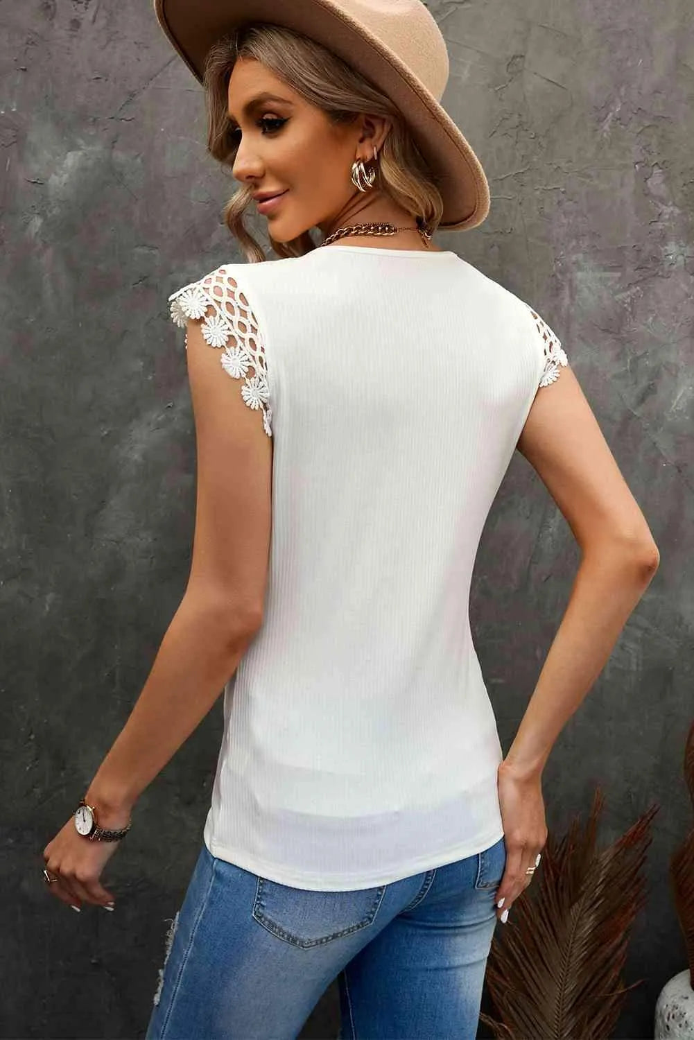 Lace Trim V-Neck Capped Sleeve Top Blouses - Tophatter Daily Deals