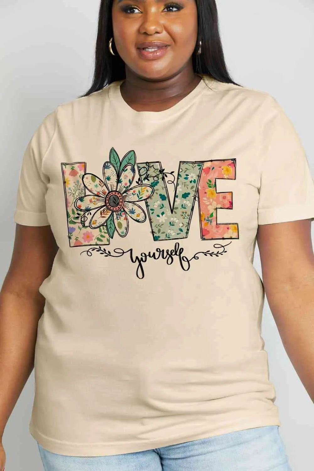 Simply Love Full Size LOVE YOURSELF Graphic Cotton Tee Taupe Women's T-Shirts - Tophatter Daily Deals