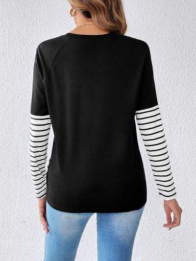 Heart Patch Striped Round Neck Long Sleeve T-Shirt Women's T-Shirts - Tophatter Daily Deals