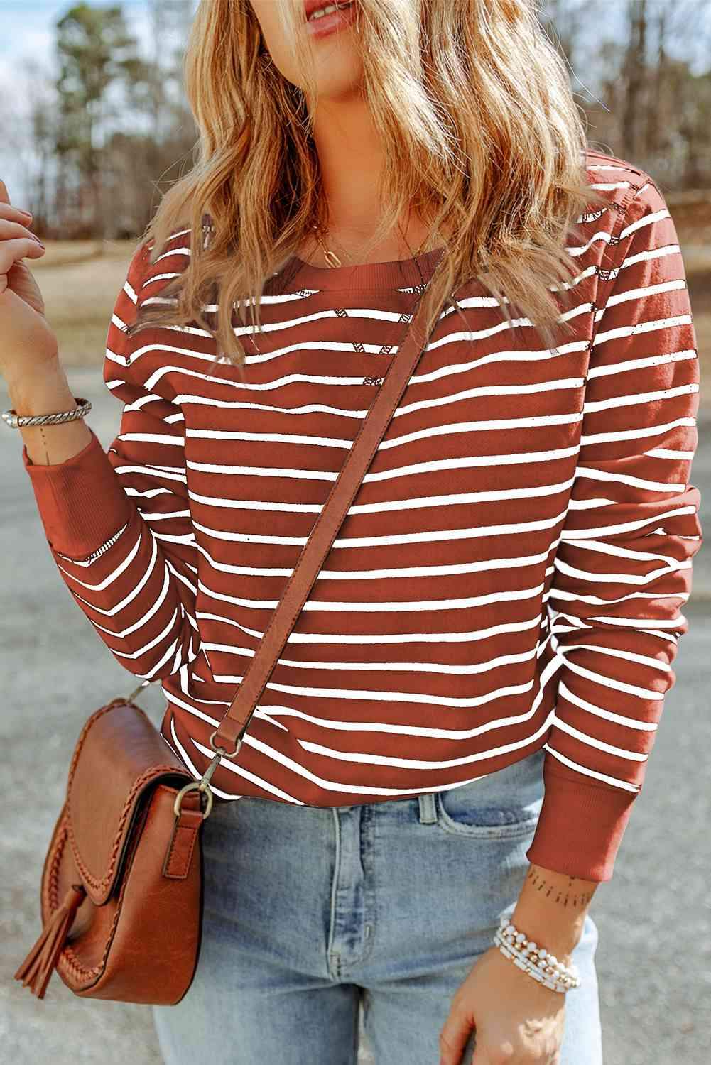 Striped Long Sleeve Round Neck Top Red Orange Blouses - Tophatter Daily Deals