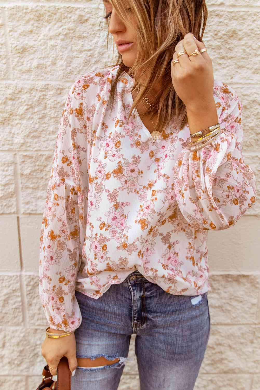 Floral Balloon Sleeve Notched Neck Blouse Blouses - Tophatter Daily Deals