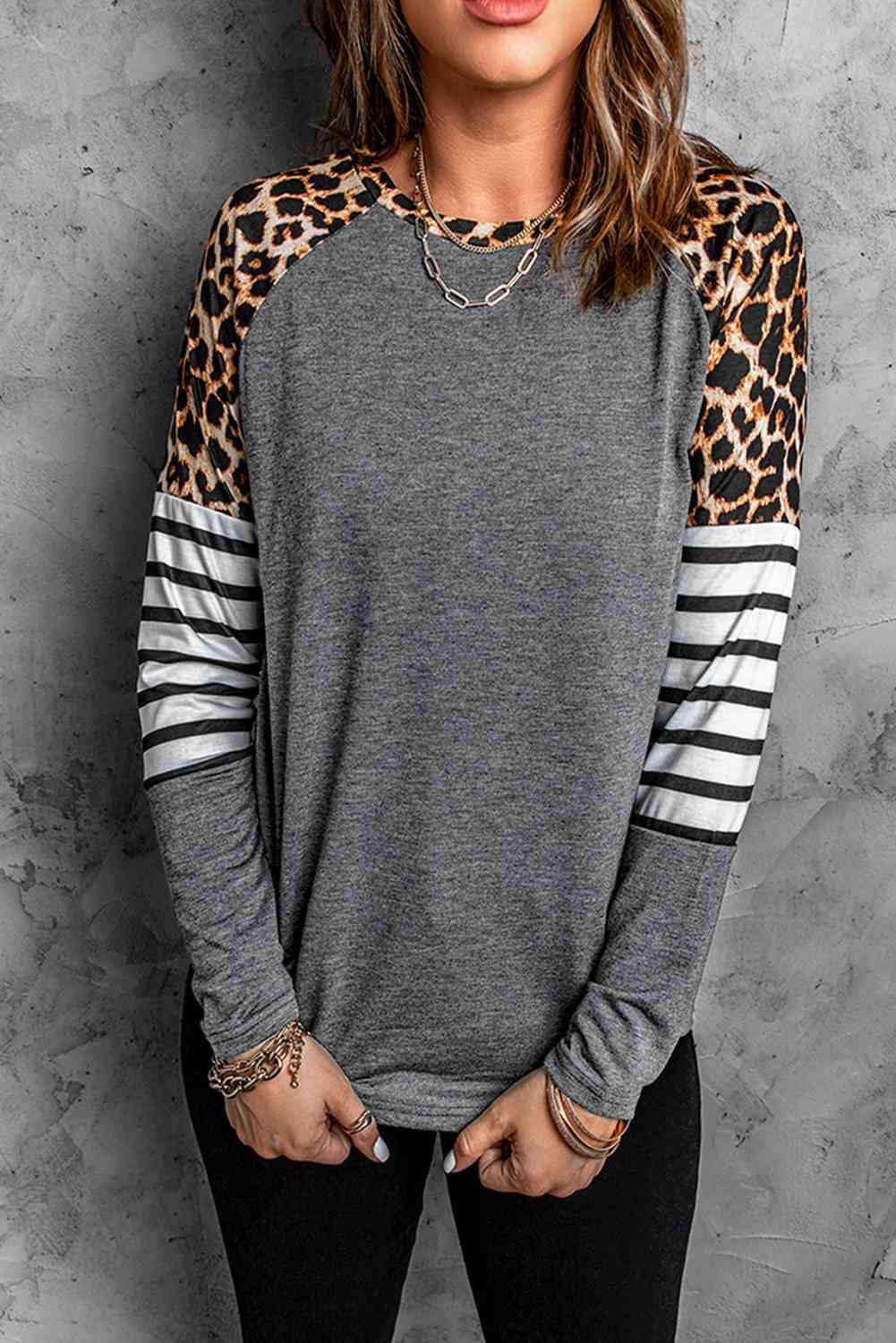 Leopard Striped Raglan Sleeve Top Women's T-Shirts - Tophatter Daily Deals