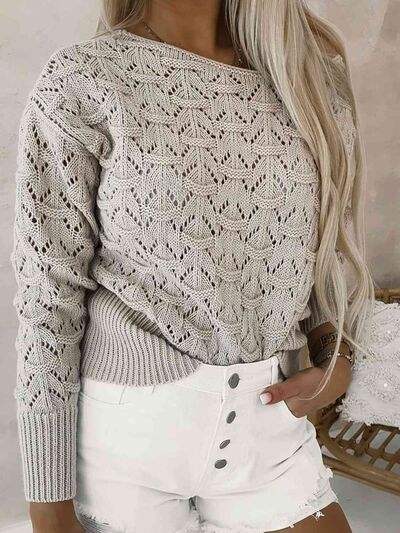 Openwork Plain Pullover Sweater Beige Blouses - Tophatter Daily Deals